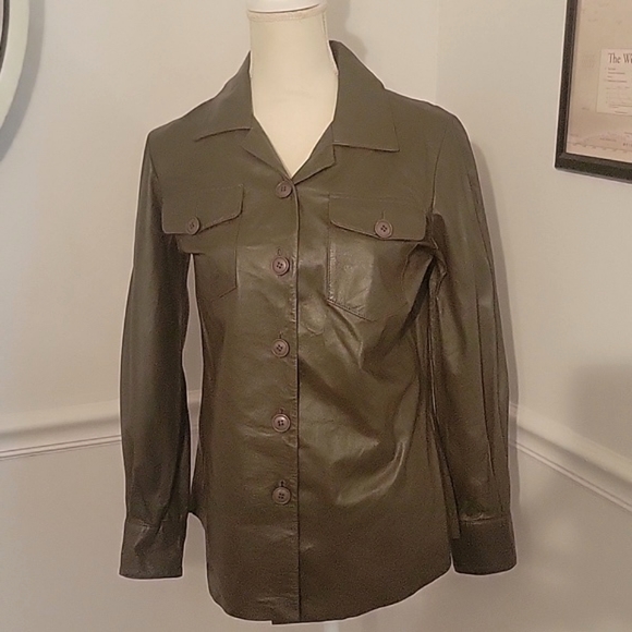 Cynthia Rowley Leather Button Down Blouse Green Womens‎ Medium - Picture 1 of 6